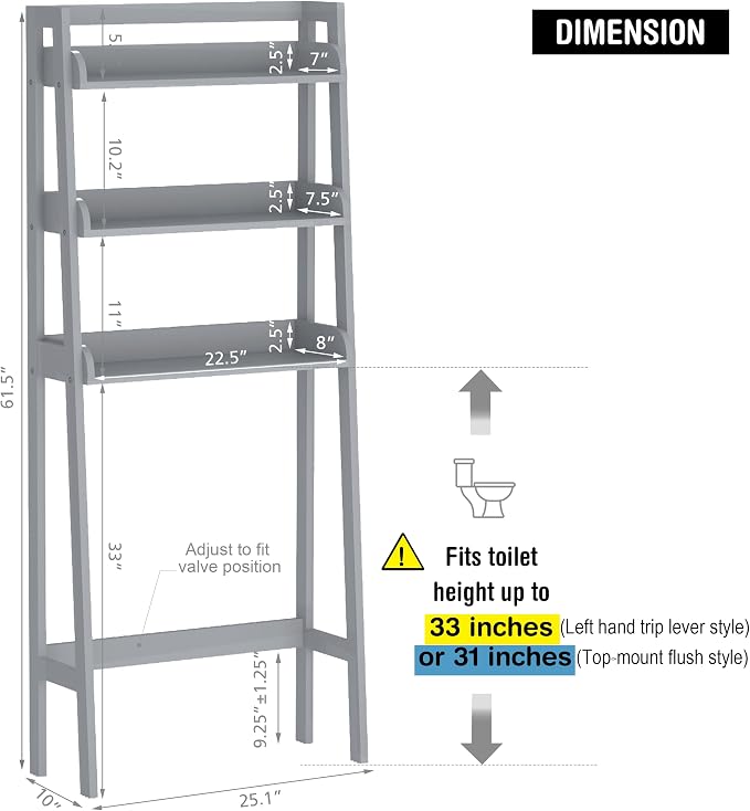 UTEX Over The Toilet Storage Shelf, 3-Tier Bathroom Shelf Rack, Gray | Space-Saving Bathroom Organizer with 3 Open Shelves for Towels & Toiletries, Adjustable Lower Crossbar, 33-Inch Clearance