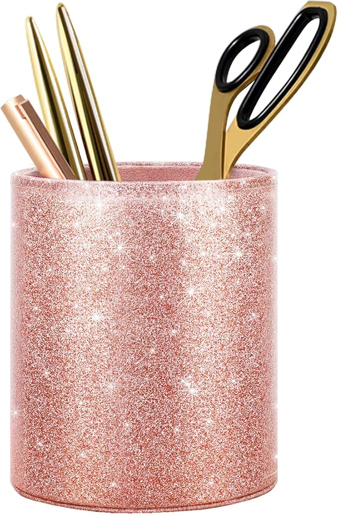 Glitter Pen Holder for Desk Cute, Pencil Cup Organizer, Rose Gold | Makeup Brush Holder, Desk Accessories, Large Pu Leather Multi-Functional Organizer for Office, Classroom, Home