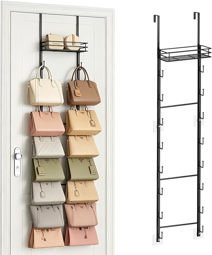Over The Door Purse Organizer - Wall Mounted Handbag Organizer with 16 Hooks and Metal Basket,Purse Rack for Closet,Bag Rack, Handbag Rack and Hanging Purse Storage for Door,Closet