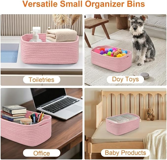 Small Storage Baskets for Organizing, Woven Storage Bins for Shelves, Gift Basket Empty, Cute Decorative Closet Organizer, Baby Rope Basket, Dog Toy Storage, 11x7.5x4.5”, 3Packs Pink