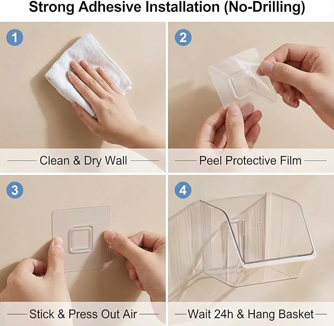 3 Pack Clear Plastic Wall Mount Storage Bins, Kitchen Pantry Cabinet Organizer Containers,Storage Caddy No Drilling Hang Walls/Doors for Kitchen, Bathroom, Bedroom, Office