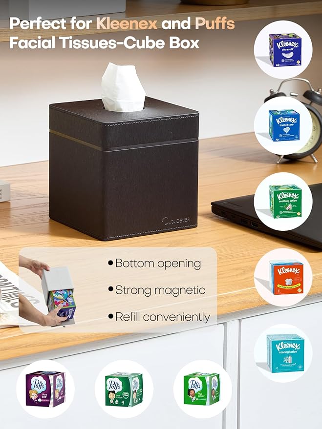 Tissue Box Holder Cover, Modern PU Leather Square Decorative Tissue Holder Organizer-Woven New Off White