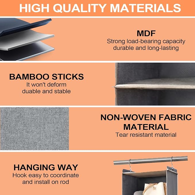 6 Tier Shelf Hanging Closet Organizer, Closet Hanging Shelf with 2 Sturdy Hooks,1 Sock Bag and 5 White Garment Bags, for Clothes, Shoes, Hats, Dorms and RVs, Foldable (Grey)