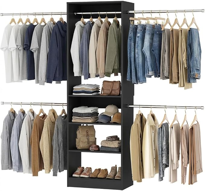 Homieasy Closet System, 4.5-11.5 Ft Expandable Closet Organizer with 5 Hanging Rods, Walk-in Wood Closet Organizer System with Storage Tower, Heavy Duty Garment Rack Wardrobe for Bedroom, Black
