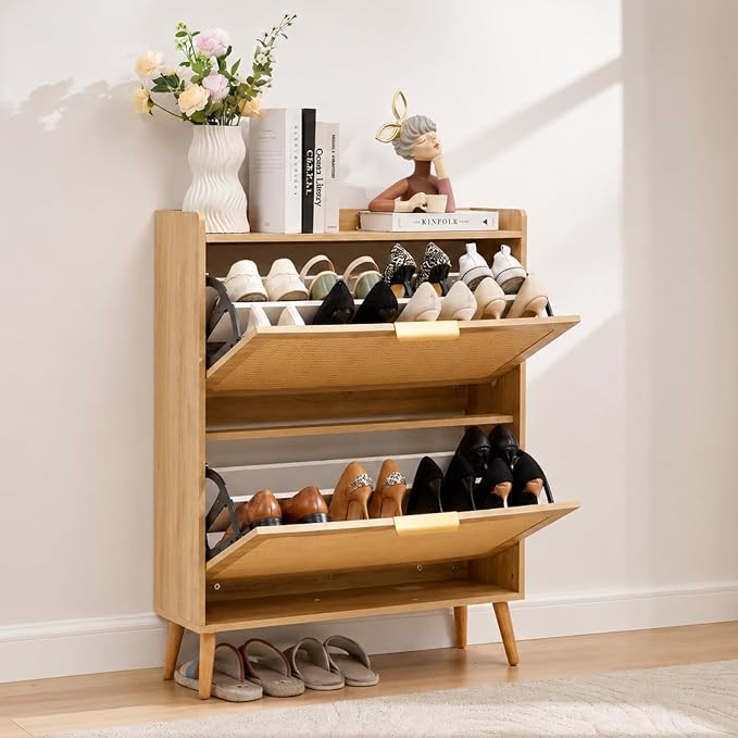 Shoe Storage Cabinet for Entryway, Slim Freestanding Rattan Shoe Cabinet with 3 Flip Drawers, Hidden Shoe Organizer Cabinet, Narrow Shoe Rack , Farmhouse Design (2 Flip Drawer - Breathe Rattan)