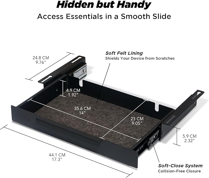 ULTRARM Moodular Storage Drawer Add-On for Slide Rails, Do Not Use Alone | Accessory Only, Soft-Closing System, Hidden Storage, Felt Interior, Sturdy Steel Frame, Declutter Your Desk, Black, MSA-DR