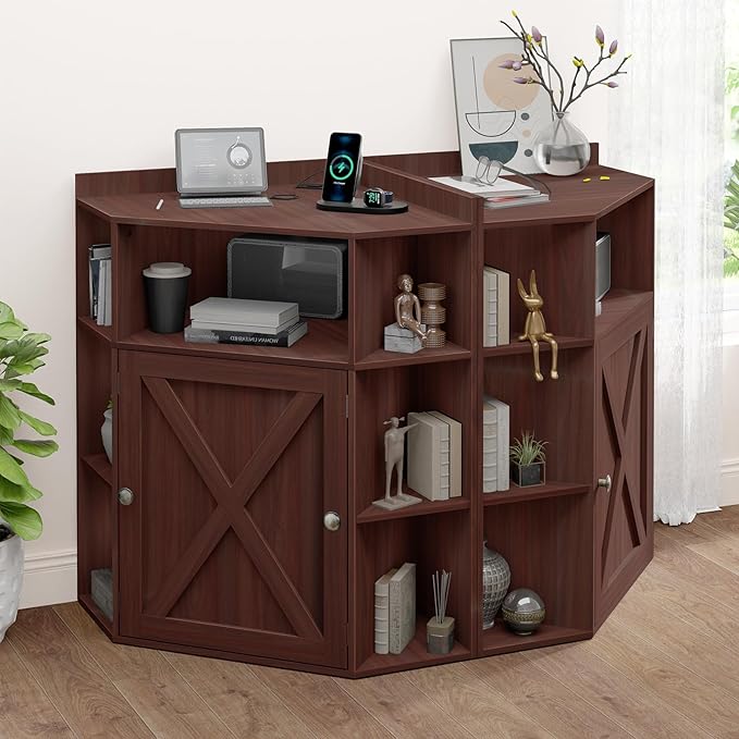 Corner Cabinet, Corner Storage Shelf with USB Ports and Outlets Industrial Organizer for Small Space Wooden 6-Cubby Bookshelf for Study, Playroom, Living Room (Dark Brown)
