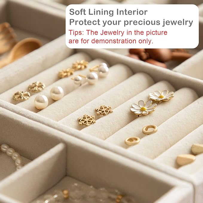 Velvet Jewelry Drawer Organizer Inserts, Set of 8 Stackable Trays with Removable Dividers, Earring and Ring Holder Display for Dresser, Storage Case for Necklace Bracelet Watch - Beige