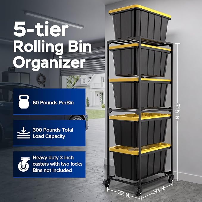 27 Gallon Tote Storage Rack with Wheels | 27 Gallon Tote Rack System, Max 300 Lbs Load Capacity, Easy to Move, Ideal for Garages & Warehouses (Bins Not Included)
