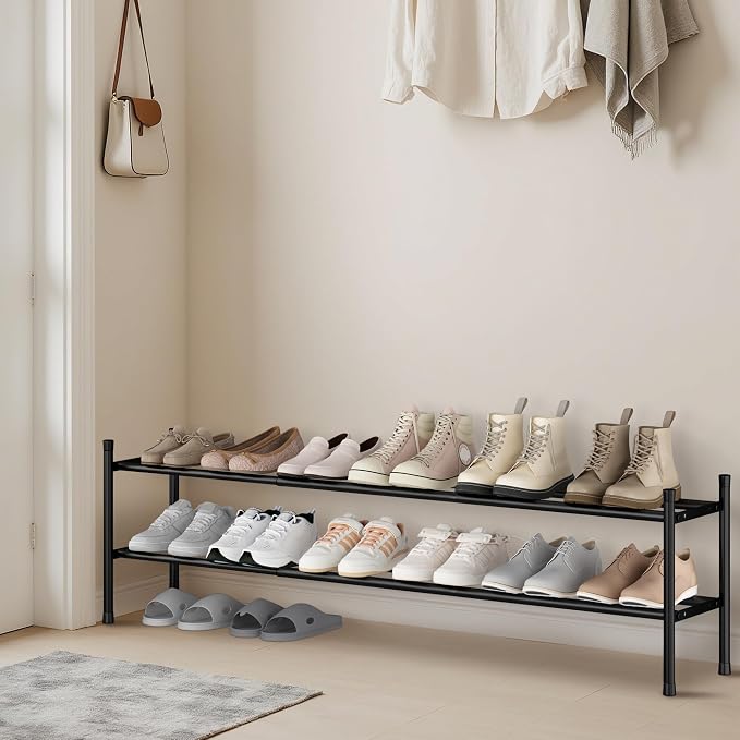 STORAGE MANIAC Long Expandable Shoe Rack, 12 Pairs Metal Wide Stackable Shoe Rack, Adjustable Shoes Shelf, Freestanding Shoes Organizer for Closet, Entryway, Hallway, Garage, Front Door, 2 Tiers