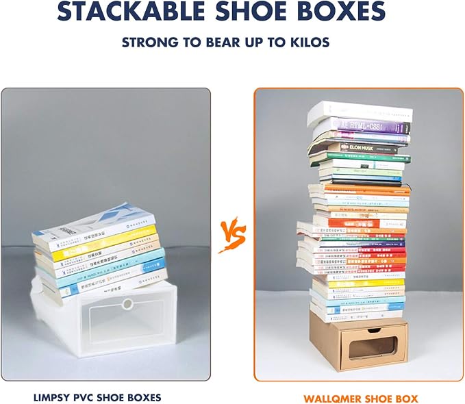 Shoe Box 12 Pack,13.2 x 8.3 x 5.1in Waterproof Storage Boxes, Socks, Stationery, Toys, Underwear,Heavy Duty,Stack-able Cardboard Boxes,with Marking Labels,Transparent Window