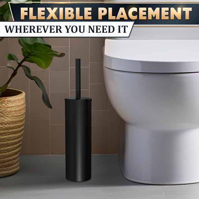 Stainless Steel Toilet Brush and Holder Set, Splash Guard (Black) | Matte Black Toilet Brush and Holder Set, Removable Bowl, Dense Bristles, Long Handle, Scratch Resistant, for Modern Bathrooms