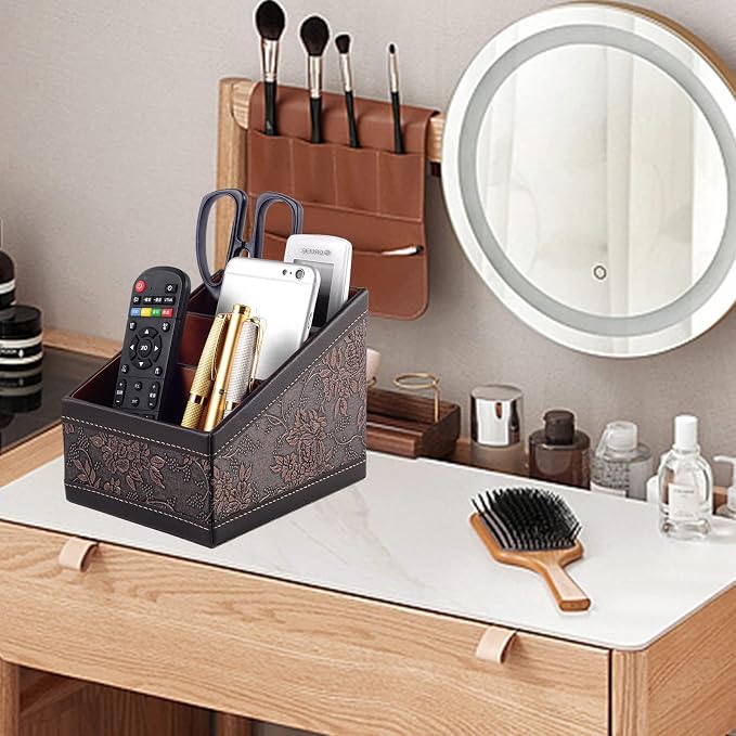 Fashionable PU leather TV remote control Holder with 3 compartments, Desk Caddy Organizer for DVD Cable Plus notepad and pen Chapstick Fingernail clippers Letter opener All in one Retro(2 pieces)