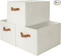 StorageWorks Foldable Storage Bins with PU Handles, Closet Storage Baskets, Fabric Bins for Clothes Storage, Ivory White, 3-Pack, Extra Large