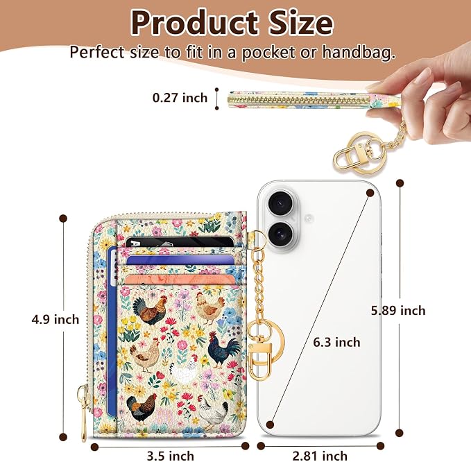 GIANCOMICS Slim Wallet Credit Card Holder Women, Chicken Rooster Flower Rfid Small Card Case, Keychain Thin Pocket Curved Zipper Wallet, Travel Card Holder PU Leather ID Window, Ladies Female Gifts