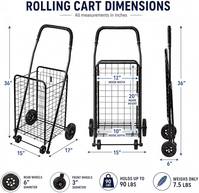 DMI Utility Cart with Wheels to be used for Shopping, Grocery, Laundry and Stair Climber Cart, Weighs 7.5 Pounds but holds up to 90 Pounds, Compact and Foldable, Black