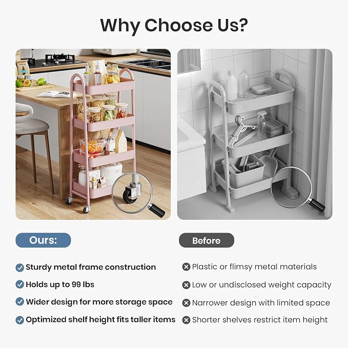 DUMOS 4 Tiers Rolling Utility Cart, Storage Organizer, Shelving Unit | Metal, Lockable Wheels, Mobile, Kitchen, Bathroom, Laundry, Narrow Places, Pink