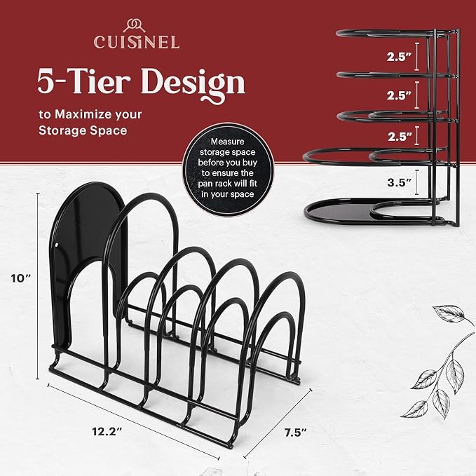 Cuisinel Heavy Duty Pan Organizer - 5 Tier Rack - Holds 50 LB - Holds Cast Iron Skillets, Griddles and Shallow Pots - Durable Steel Construction - Space Saving Kitchen Storage - No Assembly Required