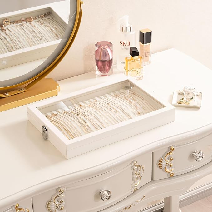 Lolalet Jewelry Organizer Tray with Lid, 18 Hooks Velvet Necklace Organizer Holder Storage Box for Drawer -Beige | Made of velvet cover, with lid, compact for drawers, 18 hooks for clear necklace organiser