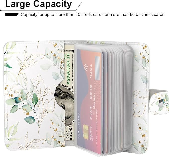 Rouidr Business Card Organizer, RFID Business Card Holder, Small Slim Leather Cards Book, Pocket Name Card Holder Wallet for Women, Eucalyptus Leaf