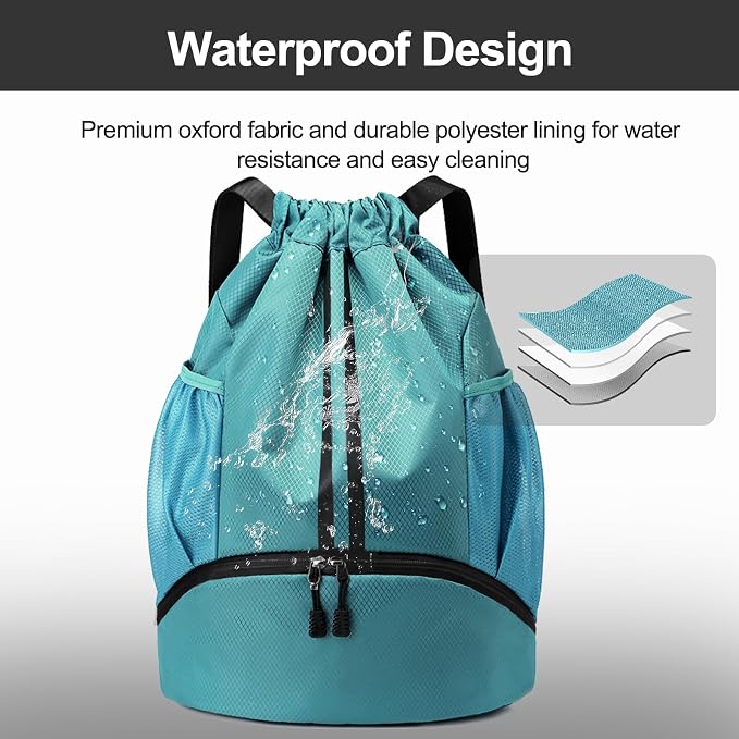 Hoedia Sports Drawstring Backpack - String Swim Gym Bag with Shoes Compartment and Wet Proof Pocket for Women/Men (Teal)