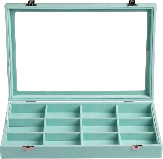 Frebeauty 12 Grid Bracelet Holder Box,Velvet Jewelry Tray with Clear Lid | Real Glass Lid,Bracelet Display,Jewelry Organizer for Bangle Brooch,Adjustable Divider,Dustproof Design,13.8×9.5Inches