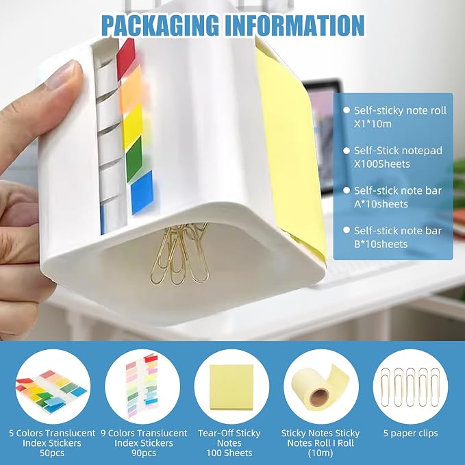 5-in-1 Sticky Note Holder and Dispenser with Magnetic Paper Clip Holder, 3x3 Pop-Up Note and Annotation Labels, Full Adhesive Note Roll Desktop Organizer for Office, Study Room (Brown)