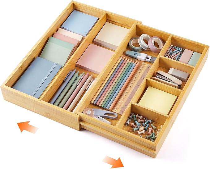 Bamboo Sliding Desk Drawer Organizer 12'' up to 15.7'' x 14'' x 2.2'' Expandable Office Desk Accessories Supplies Tray with 7 Compartments for Pens, Notebooks, Rulers, and Makeup Jewelry Vanity