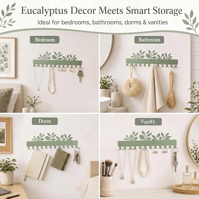 Hicarer 2 Pack Sage Green Eucalyptus Necklace Holder Wall Mount 24 Hooks Adhesive Metal Jewelry Organizer Eucalyptus Decor Bathroom Decor for Earrings Bracelets Rings Keys