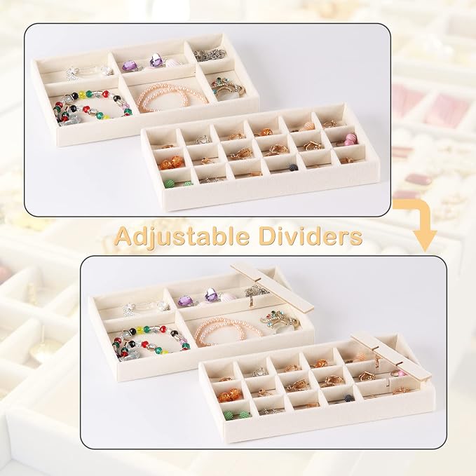 4-Set Jewelry Organizer for Drawer, Stackable Velvet Jewelry Trays with Removable Dividers, Earring and Necklace Holder for Dresser, Perfect as a Vanity Tray for Women