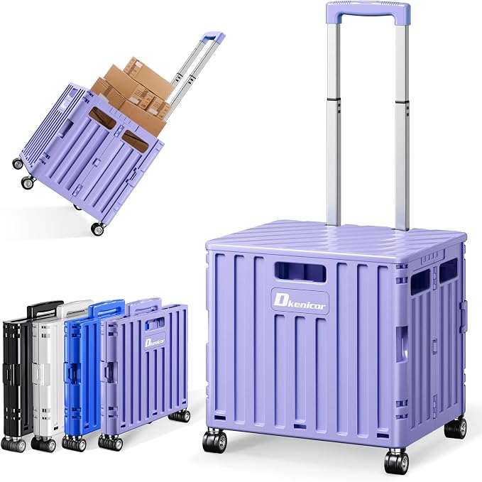 Folding Utility Cart, Portable Rolling Crate Handcart Collapsible Shopping Trolley with Lid, Foldable Tool Box Basket with 4 Rotate Wheels for Grocery, Office, Luggage, School - Purple