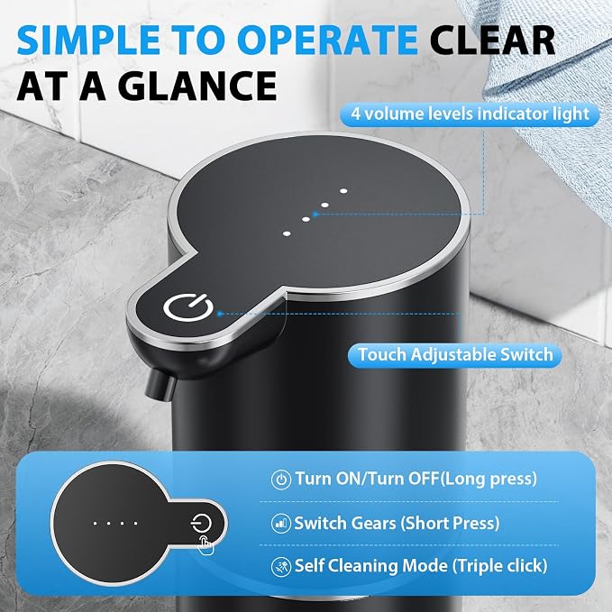 Fantictas Automatic Foaming Soap Dispenser Touchless, 4 Adjustable Levels | Foam Soap Dispenser 380ML, USB Charging Wall Mount for Kitchen & Bathroom, IPX5 Waterproof
