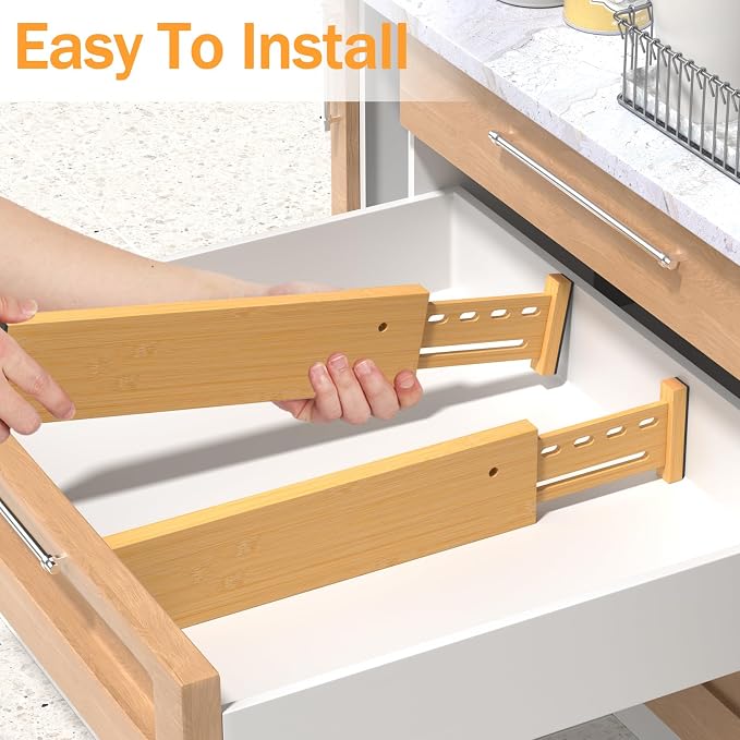 Bamboo Drawer Dividers, 4" High Drawer Organizers for Clothes/Utensils | 16.5-21.8" Expandable Wooden Drawer Separators for Dresser, Kitchen, Bathroom, Nursery, Office Organization & Storage, 4 Pack