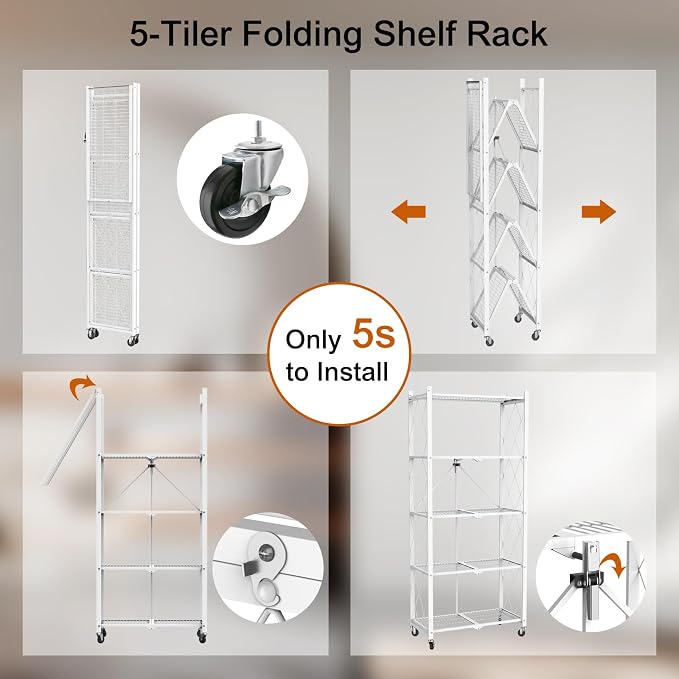 5 Tier Foldable Storage Shelves with Wheels -No Assembly Metal Folding Shelves Collapsible Shelving Unit Display Heavy Duty Rolling Shelf for Home Kitchen Office Room (White, 64" x 13" x 27")