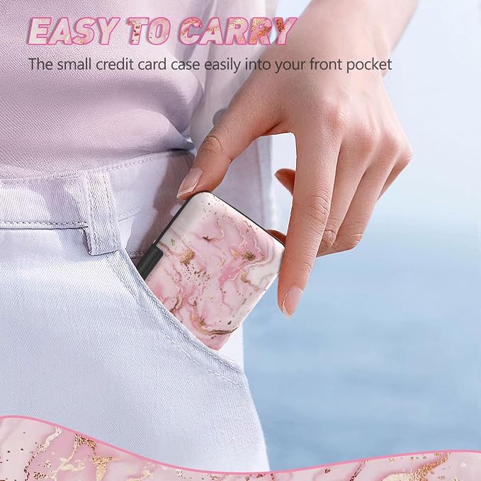 ToLuLu Credit Card Holder, Pink Marble Mini RFID Small Aluminum Card Wallet | Blocking Slim Metal Business Card Case, RFID Blocking Front Pocket Wallet Hard Case Durable CC Holder for Women Girl