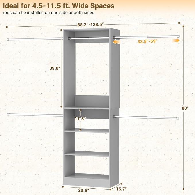 Homieasy Closet System, 4.5-11.5 Ft Expandable Closet Organizer with 5 Hanging Rods, Walk-in Wood Closet Organizer System with Storage Tower, Heavy Duty Garment Rack Wardrobe for Bedroom, Gray