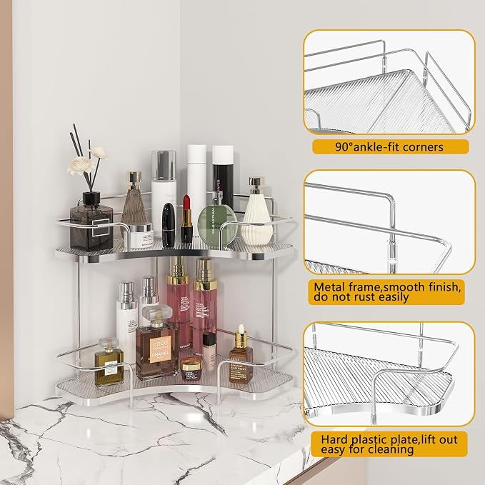 FOLLOWIN 2 Tier Countertop Corner Organizer - Corner Storage for Bathroom Counter, Makeup Cosmetics, Skincare, Perfume Stand Holder, Metal Stable Frame with Clear Acrylic Trays, Silver