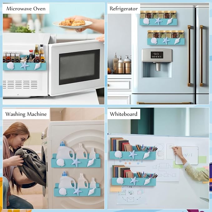 Beeveer 2 Pack Coastal Magnetic Spice Rack for Refrigerator Seashells and Starfish Metal Magnet Basket Shelf for Fridge Seasoning Storage Organizers Nautical Beach Home Decor Kitchen Accessories
