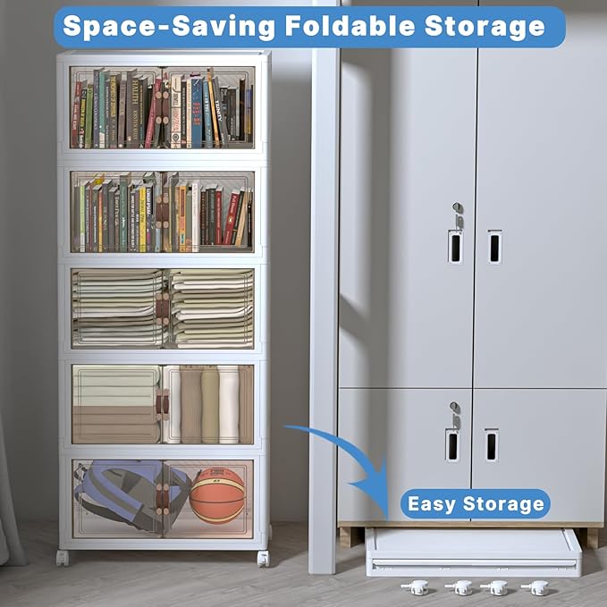 Stackable Storage Bins with Lids, Collapsible Storage Boxes, Foldable Plastic Storage Drawers for Bedroom,Office, Dorm (5, White, M)