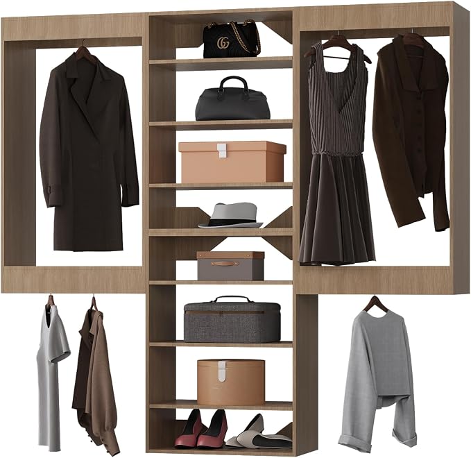 Modular Closet System, 96" Wide Closet Organizer System with Hanging and Towers, Wood Tower Closet Storage for Walk In Closets, Wall Mounted Wardrobe Organizer Kit System, Bedroom, Wood