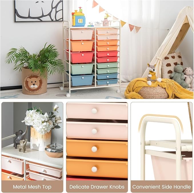 LUARANE Rolling Cart with 15 Drawers, Craft Storage Cart with Portable Handles & Lockable Wheels, Mobile Toys Organizer, Large Capacity Utility Drawer Cart Home Office School Teacher (Macaron)