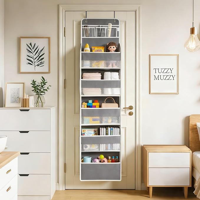 Over the Door Organizer, Door Storage Organizer with Large Capacity Pockets, Hanging Shelves for Bedroom, Closet, Dorm, Pantry (Grey, 5-Tier)