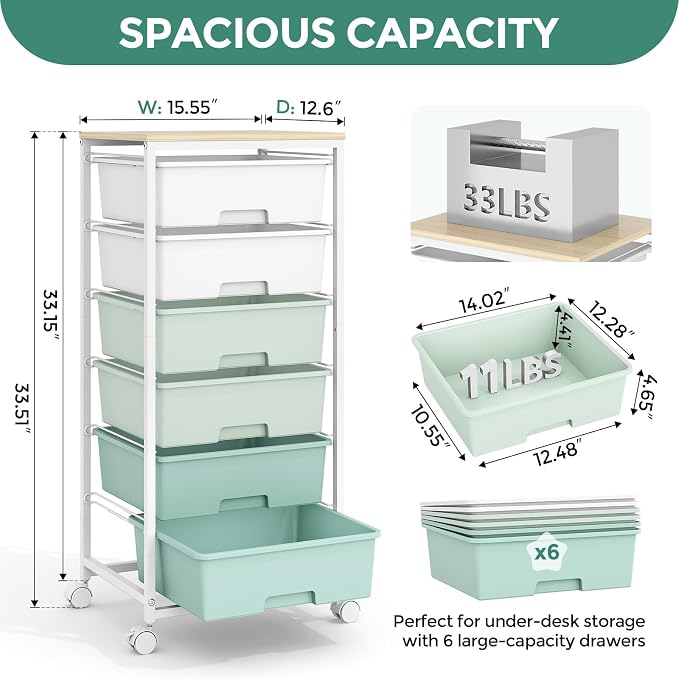 Rolling Storage Cart with 6 Drawers and Wooden Tabletop, Lockable Wheels Utility Cart for Art Studios, Office Supplies & Craft Room Organization (Green)