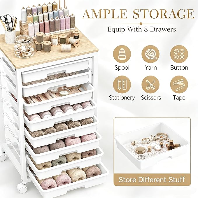 SYKIARIOL Rolling Cart with Drawers,8 Drawer Rolling Cart,Rolling Drawer Cart,Rolling Storage Drawer Cart,White Rolling Cart,Utility Cart with Drawers and Wooden Tabletop