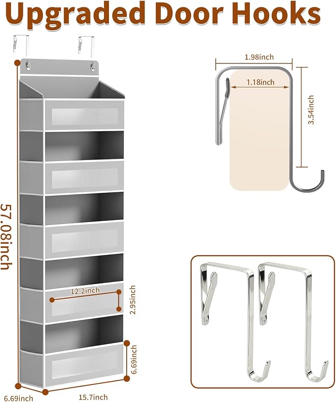 Over The Door Organizer, Over the Door Storage with 5 Large 10 Side Pockets, Hanging Door Organizer 44 lb Load Behind Door Storage, Hanging Shelf for Closet Wall Bedroom Bathroom Nursery, 5-Tier Grey