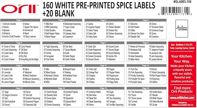 Orii Spice Labels, 160 White Rectangular | 160 Pre-printed, 20 Blank