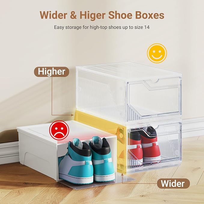 XX-Large Shoe Sneaker Storage Boxes for Size 14, Stackable & Thicken Clear Plastic Shoe Organizers 6 Packs for Entryway Closet Under Bed, Shoe Storage Cabinets Container Display Case w/ Magnetic Door