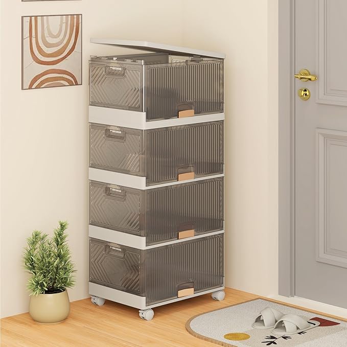 Giantex 4 Tier Stackable Storage Bins with Lids, 18 GalFoldable Shoe Storage Box with Detachable Wheels & Flip-Up Doors, Collapsible Closet Organizers and Storage Bins