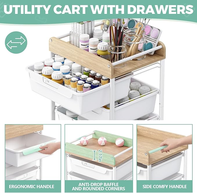 Utility Cart with Drawers,Craft Cart with 5 Drawers,Art Supply Organizer,Rolling Drawer Cart,Craft Storage Cart,Storage Drawer Carts With DIY Lable and Wooden Tabletop Area,White
