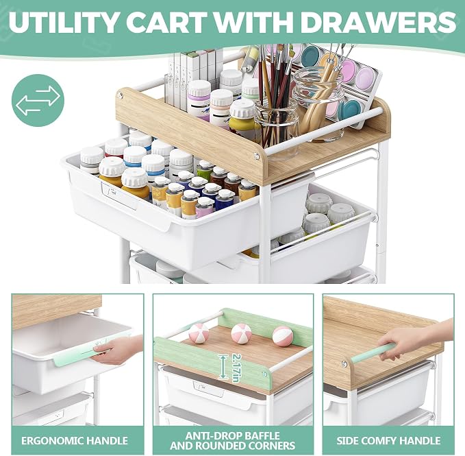 6 Drawer Rolling Cart for Craft Storage,Utility Drawer Organizer with Handle and Wooden Top, Storage on wheels for Office, Classroom,Laundry，Garage, Snack,Art Supply,White